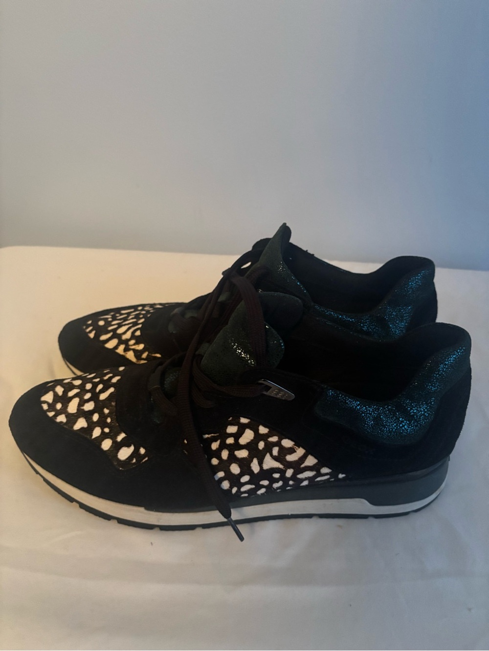 Womens Black and White Leopard-Accent Lace-Up Sneakers